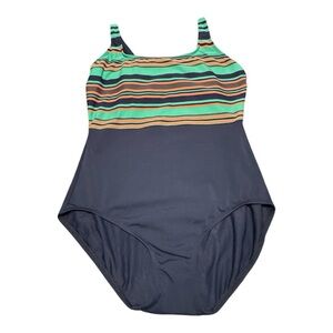 TYR One Piece Swimsuit Plus Size 14 Blue Green Orange Made In Canada Swim VTG